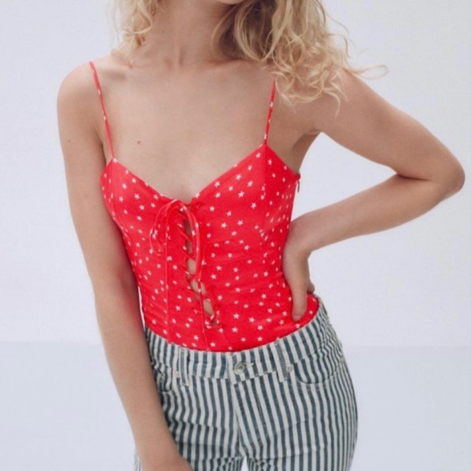 Nwt Zara Coral Orange White Stars Star Print Lace Up Bodysuit - Size Small